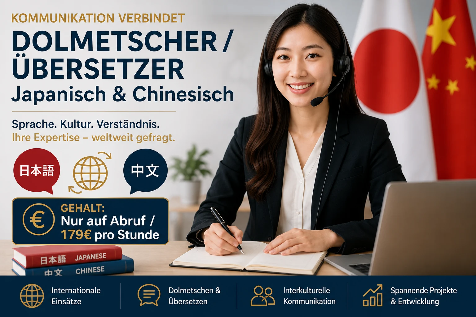 Stellenanzeige Dolmetscherinnen, Dolmetscher, Übersetzerinnen und Übersetzer für Japanisch und Chinesisch